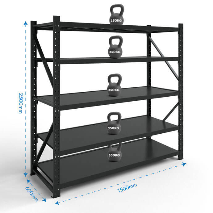 Metāla plaukti 2500x1500x600 ar 5 plauktu Rehalt Systems, bāzes sekcija 2