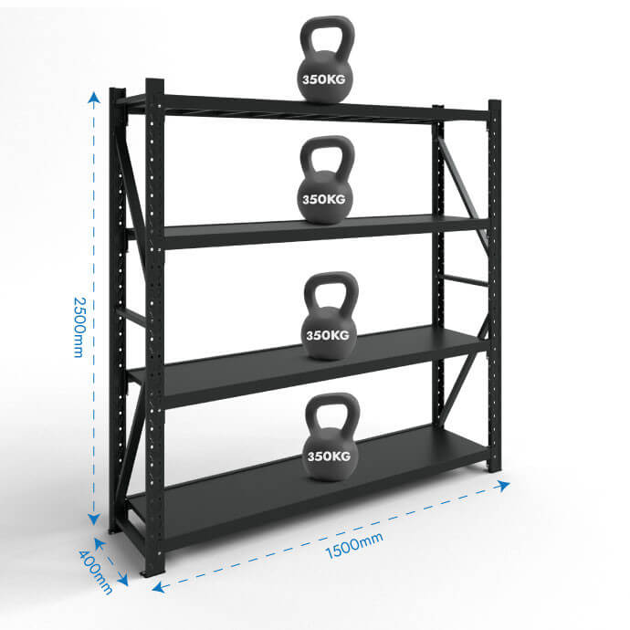 Metāla plaukti 2500x1500x400 ar 4 plauktu Rehalt Systems, bāzes sekcija 2