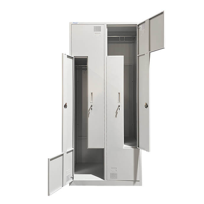 Metāla garderobes skapis ar L-durvīm, Rehalt Systems 1940 x 800 x 500 ar regulējamām kājiņām, 4 durtinas 4