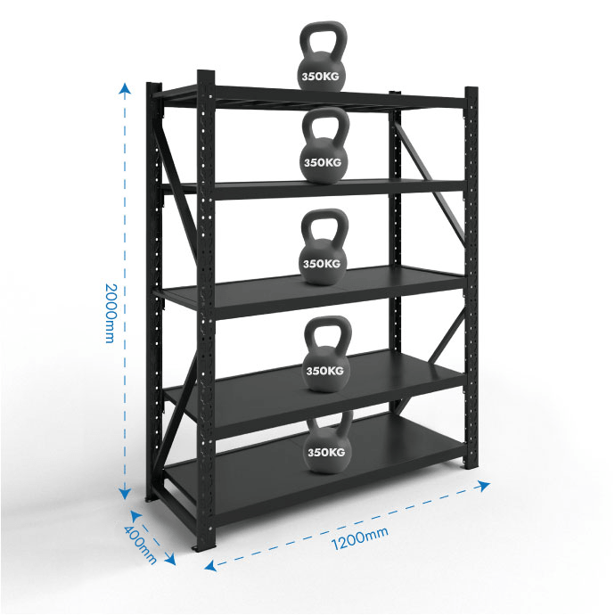 Metāla plaukti 2000x1200x400 ar 5 plauktu Rehalt Systems, bāzes sekcija 2