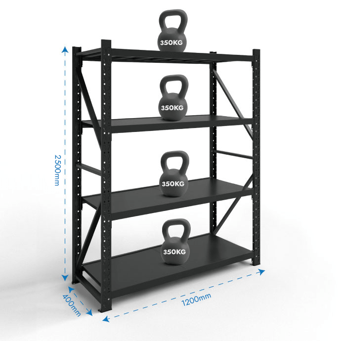 Metāla plaukti 2500x1200x400 ar 4 plauktu Rehalt Systems, bāzes sekcija 1